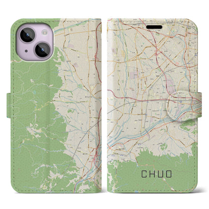 【中央（山梨県）】地図柄iPhoneケース（手帳タイプ）ナチュラル・iPhone 14 用