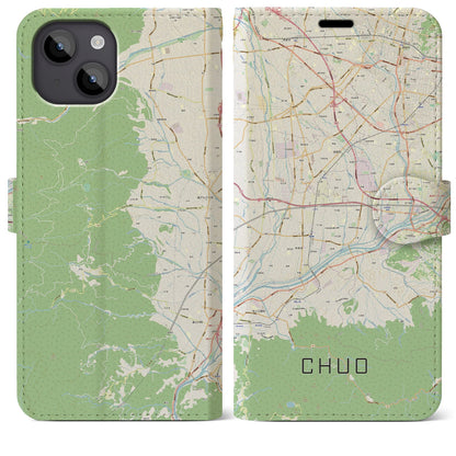 【中央（山梨県）】地図柄iPhoneケース（手帳タイプ）ナチュラル・iPhone 14 Plus 用