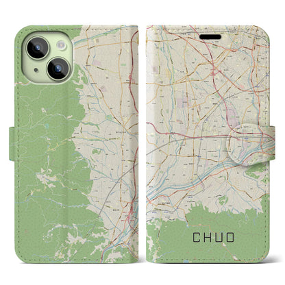 【中央（山梨県）】地図柄iPhoneケース（手帳タイプ）ナチュラル・iPhone 15 用