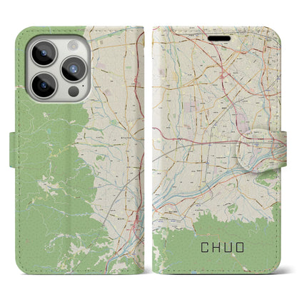【中央（山梨県）】地図柄iPhoneケース（手帳タイプ）ナチュラル・iPhone 15 Pro 用
