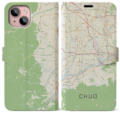 【中央（山梨県）】地図柄iPhoneケース（手帳タイプ）ナチュラル・iPhone 15 Plus 用