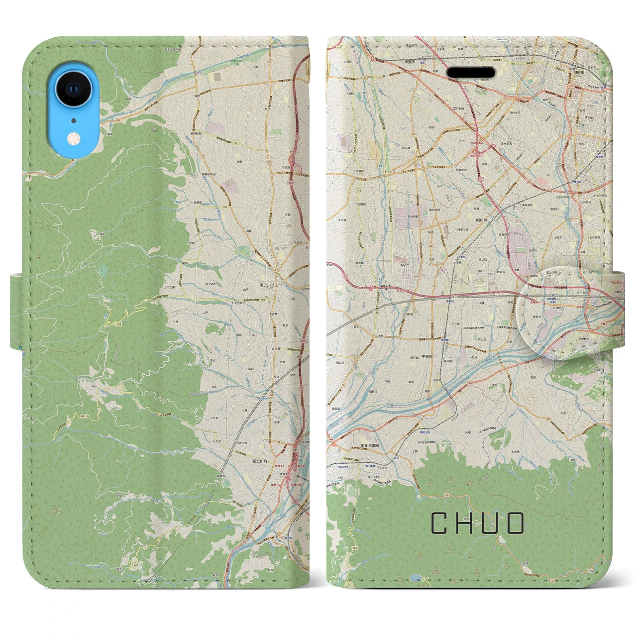 【中央】地図柄iPhoneケース（手帳両面タイプ・ナチュラル）iPhone XR 用