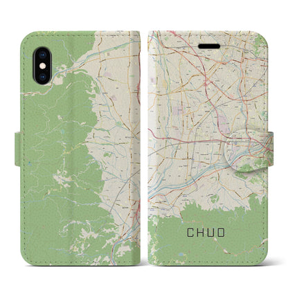 【中央（山梨県）】地図柄iPhoneケース（手帳タイプ）ナチュラル・iPhone XS / X 用