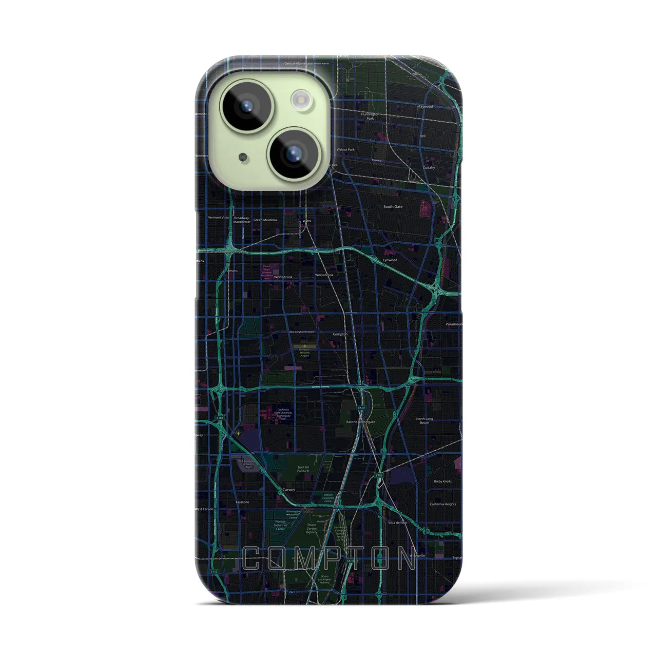 【コンプトン】地図柄iPhoneケース（バックカバータイプ・ブラック）iPhone 15 用