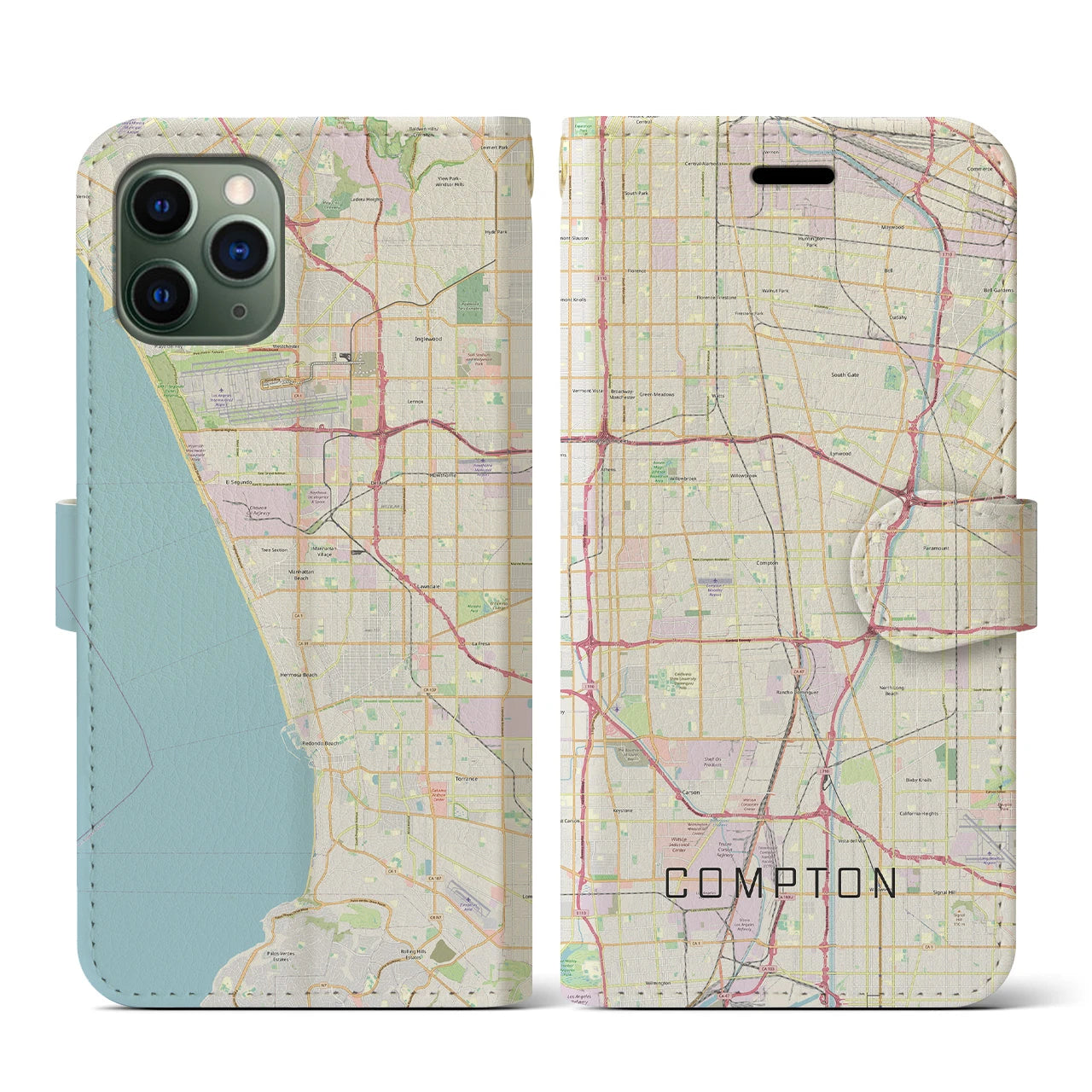 【コンプトン】地図柄iPhoneケース（手帳両面タイプ・ナチュラル）iPhone 11 Pro 用