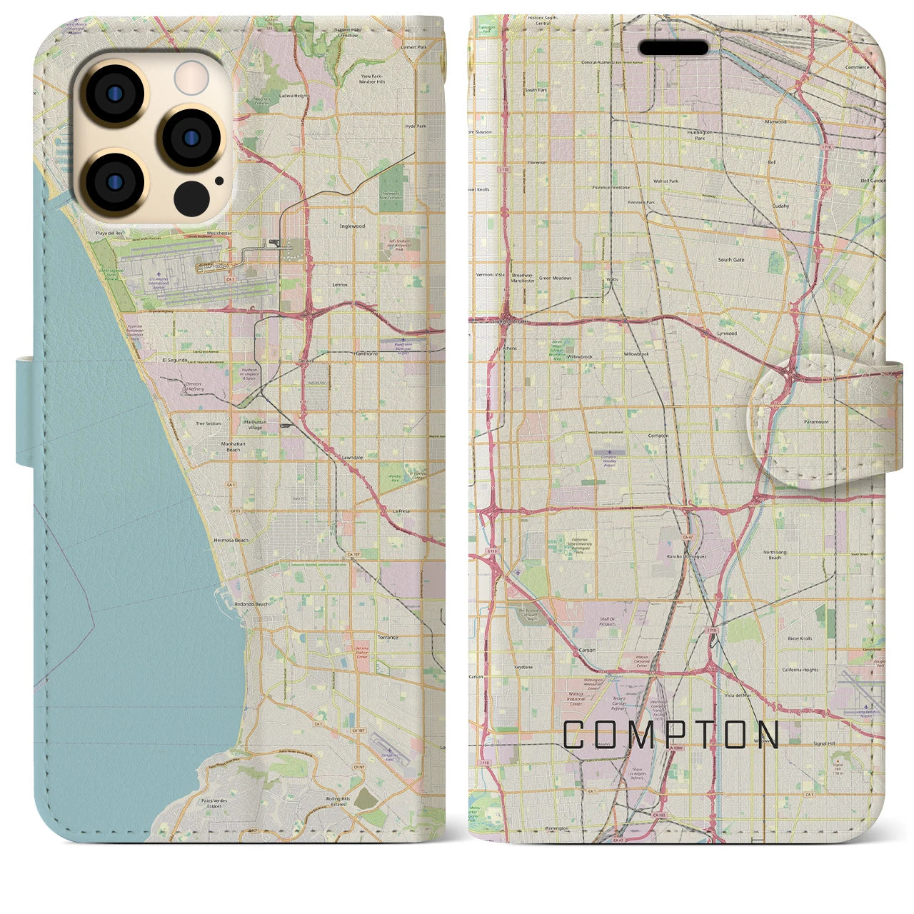 【コンプトン】地図柄iPhoneケース（手帳両面タイプ・ナチュラル）iPhone 12 Pro Max 用