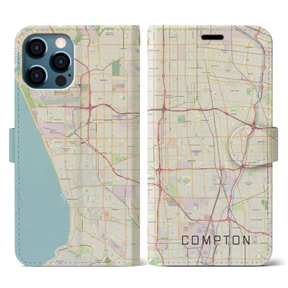【コンプトン（アメリカ）】地図柄iPhoneケース（手帳タイプ）ナチュラル・iPhone 12 / 12 Pro 用