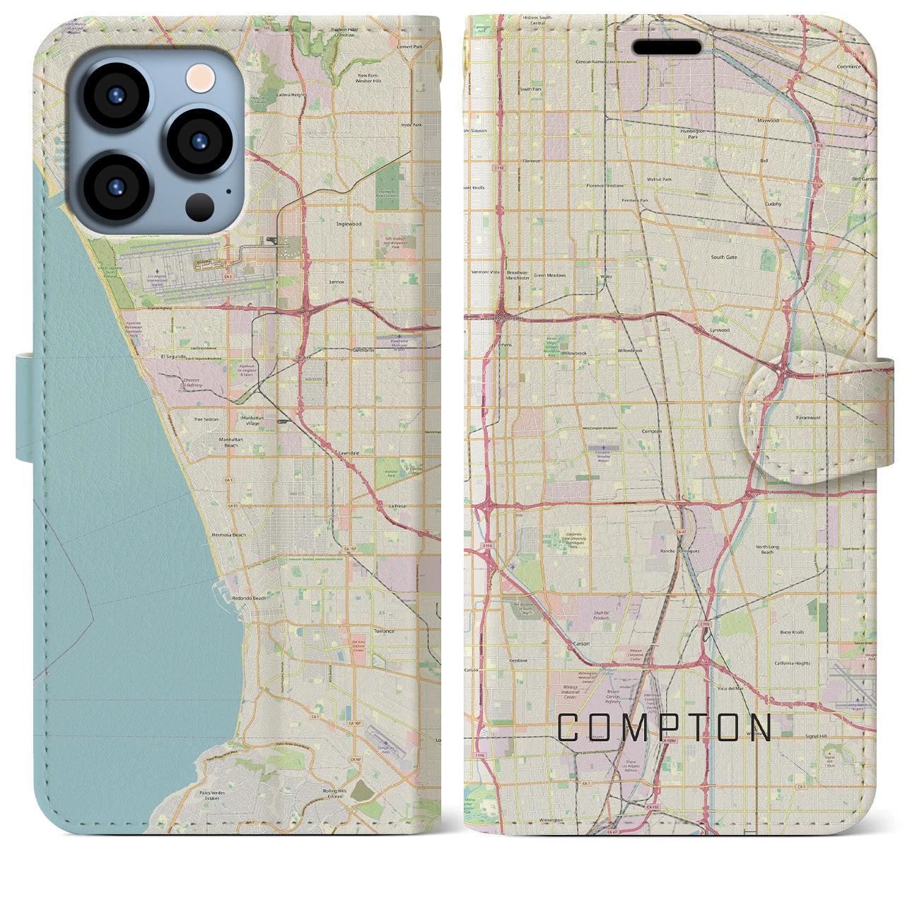 【コンプトン】地図柄iPhoneケース（手帳両面タイプ・ナチュラル）iPhone 13 Pro Max 用