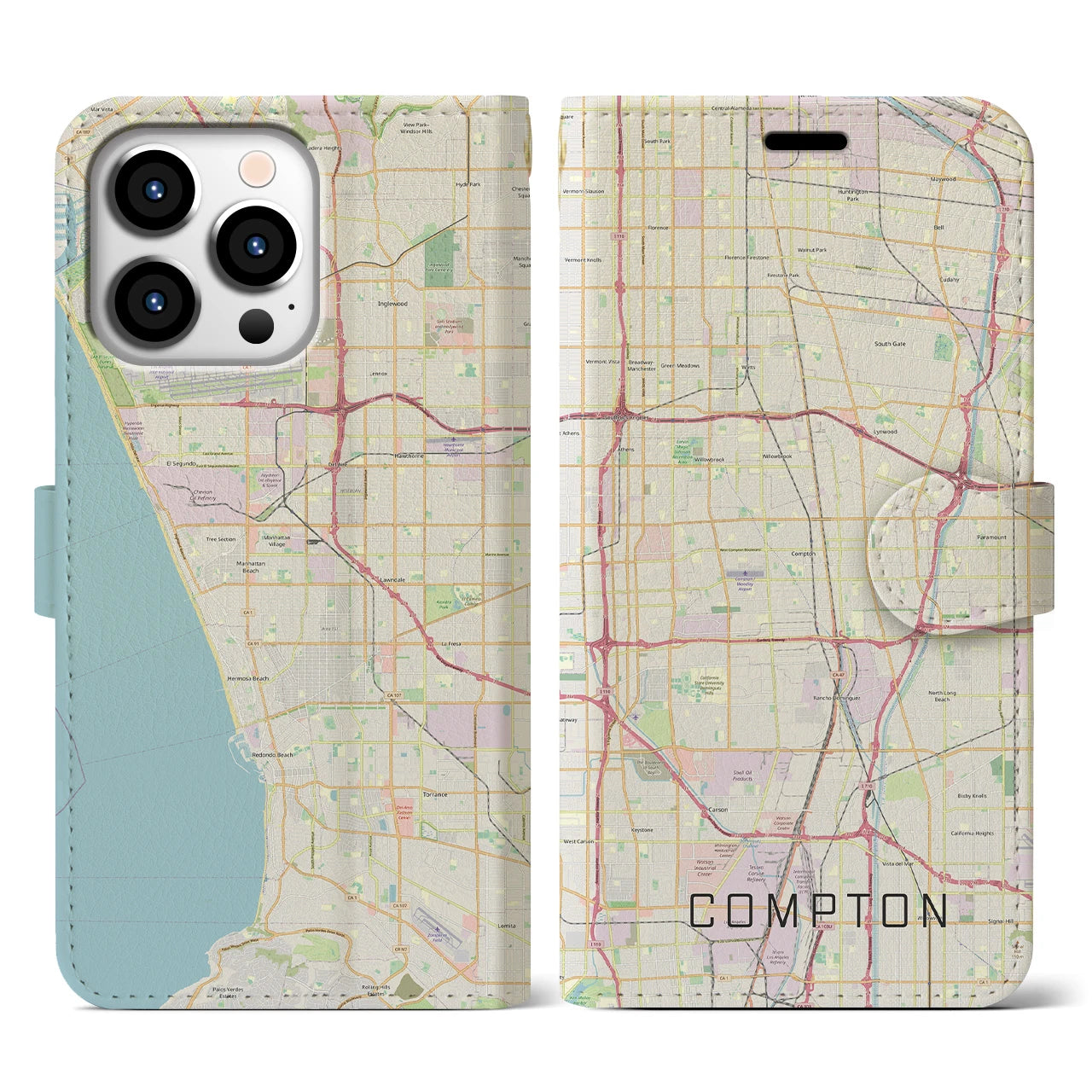 【コンプトン】地図柄iPhoneケース（手帳両面タイプ・ナチュラル）iPhone 13 Pro 用