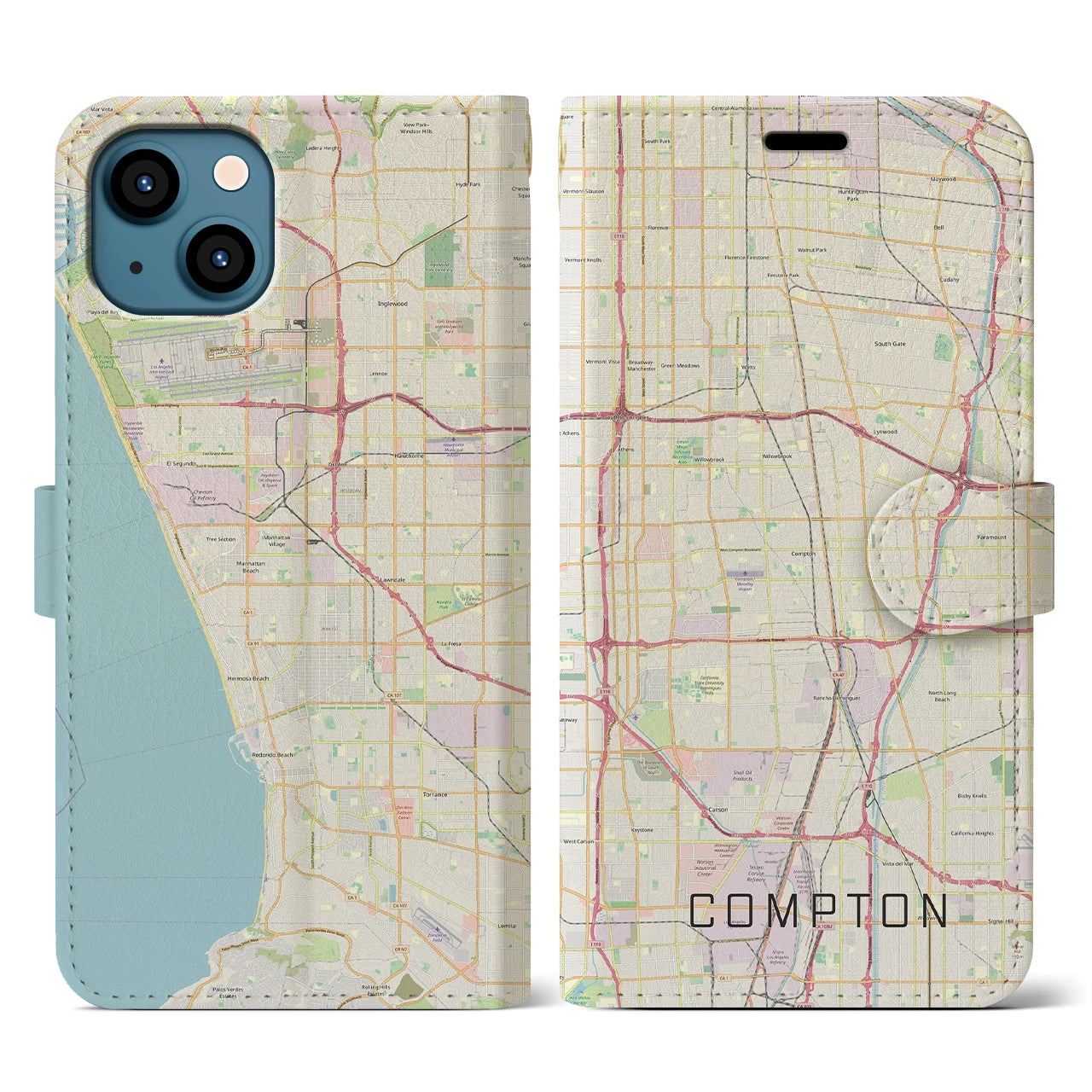 【コンプトン】地図柄iPhoneケース（手帳両面タイプ・ナチュラル）iPhone 13 用