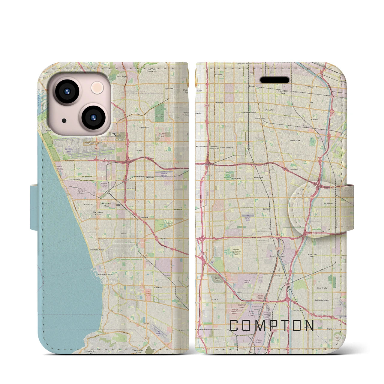 【コンプトン】地図柄iPhoneケース（手帳両面タイプ・ナチュラル）iPhone 13 mini 用
