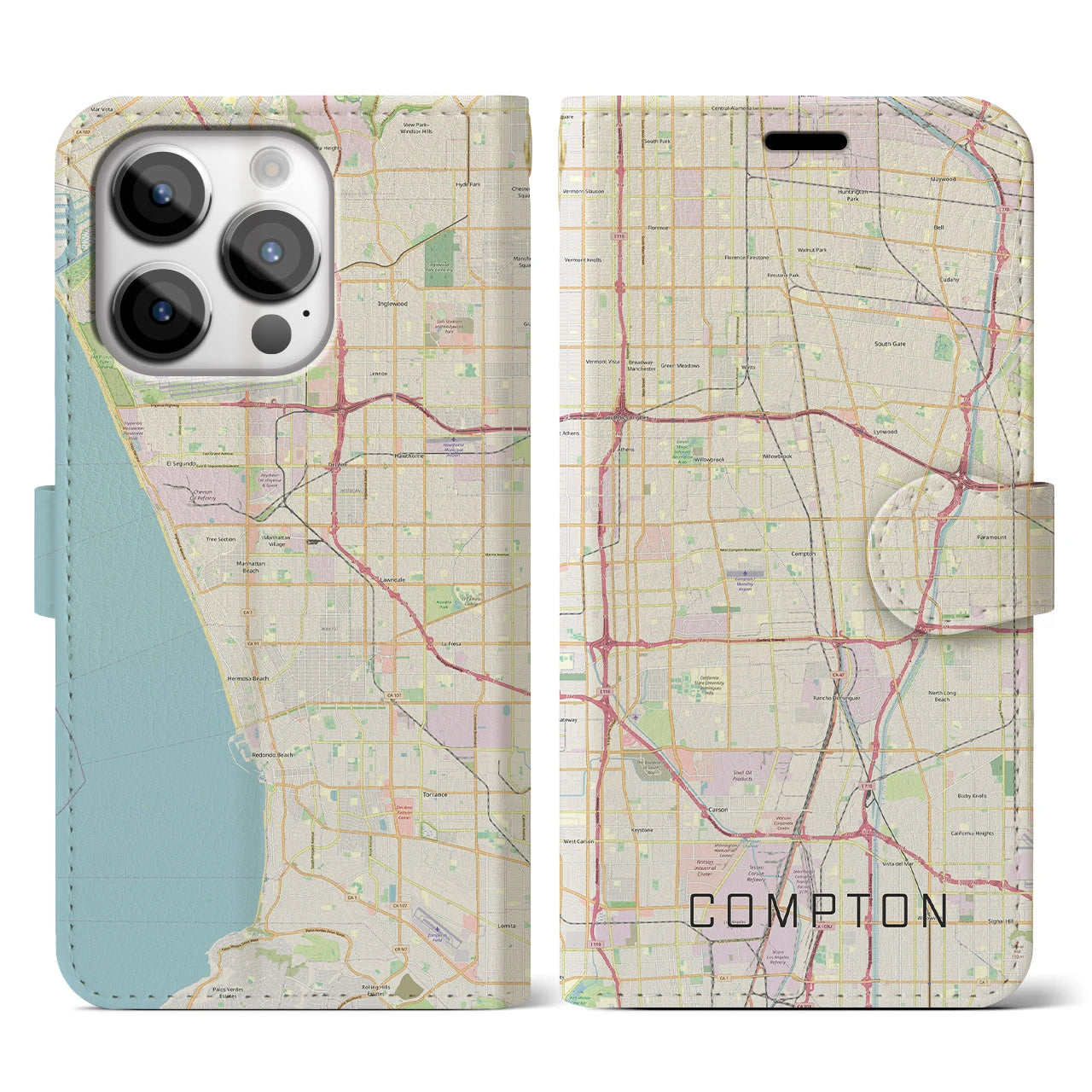 【コンプトン】地図柄iPhoneケース（手帳両面タイプ・ナチュラル）iPhone 14 Pro 用