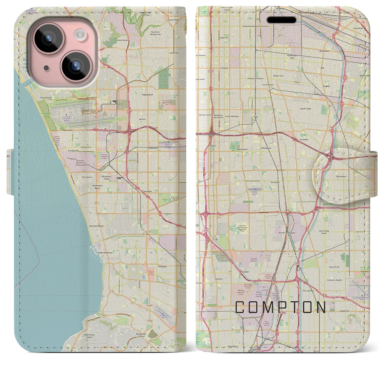 【コンプトン】地図柄iPhoneケース（手帳両面タイプ・ナチュラル）iPhone 15 Plus 用