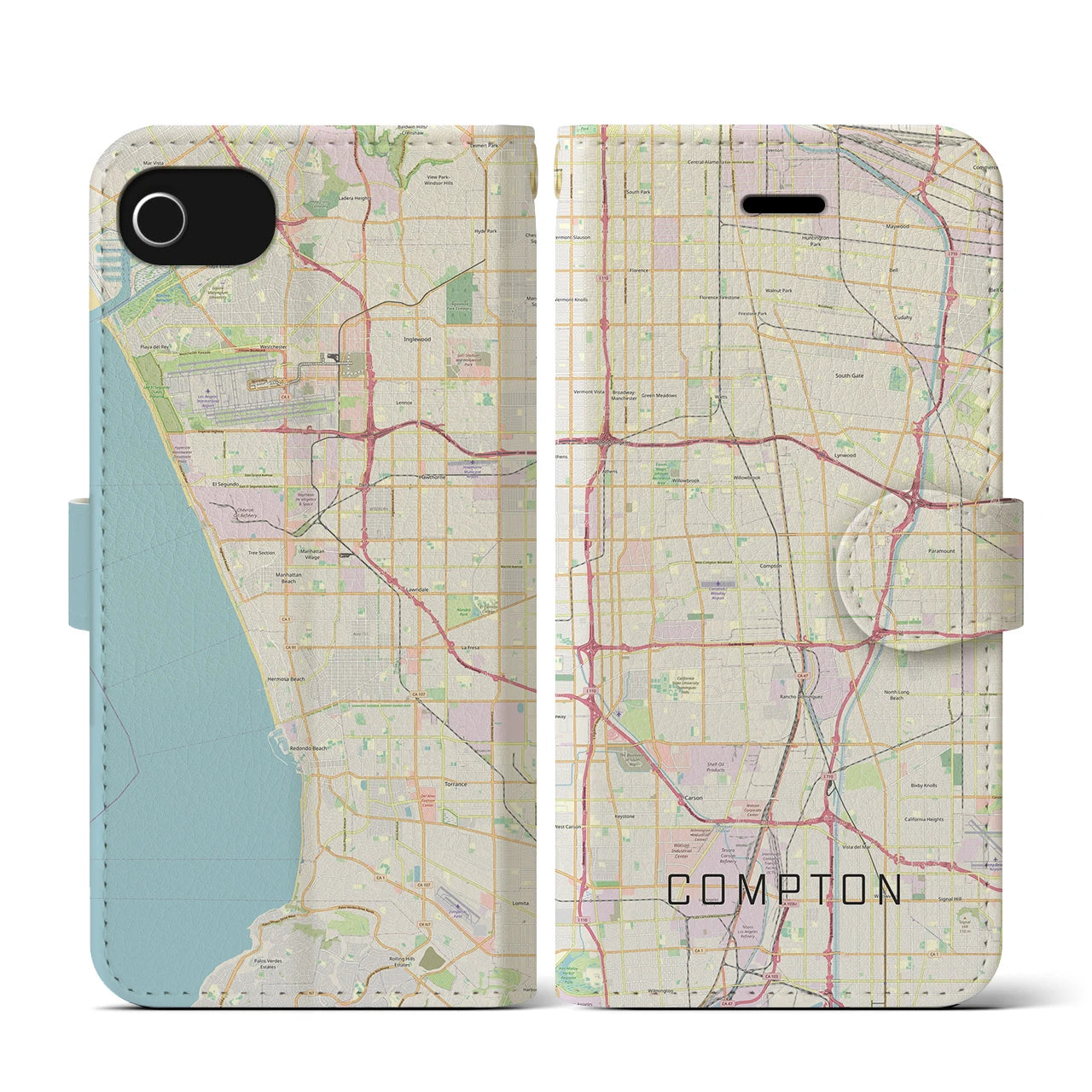 【コンプトン】地図柄iPhoneケース（手帳両面タイプ・ナチュラル）iPhone SE（第3 / 第2世代） / 8 / 7 / 6s / 6 用