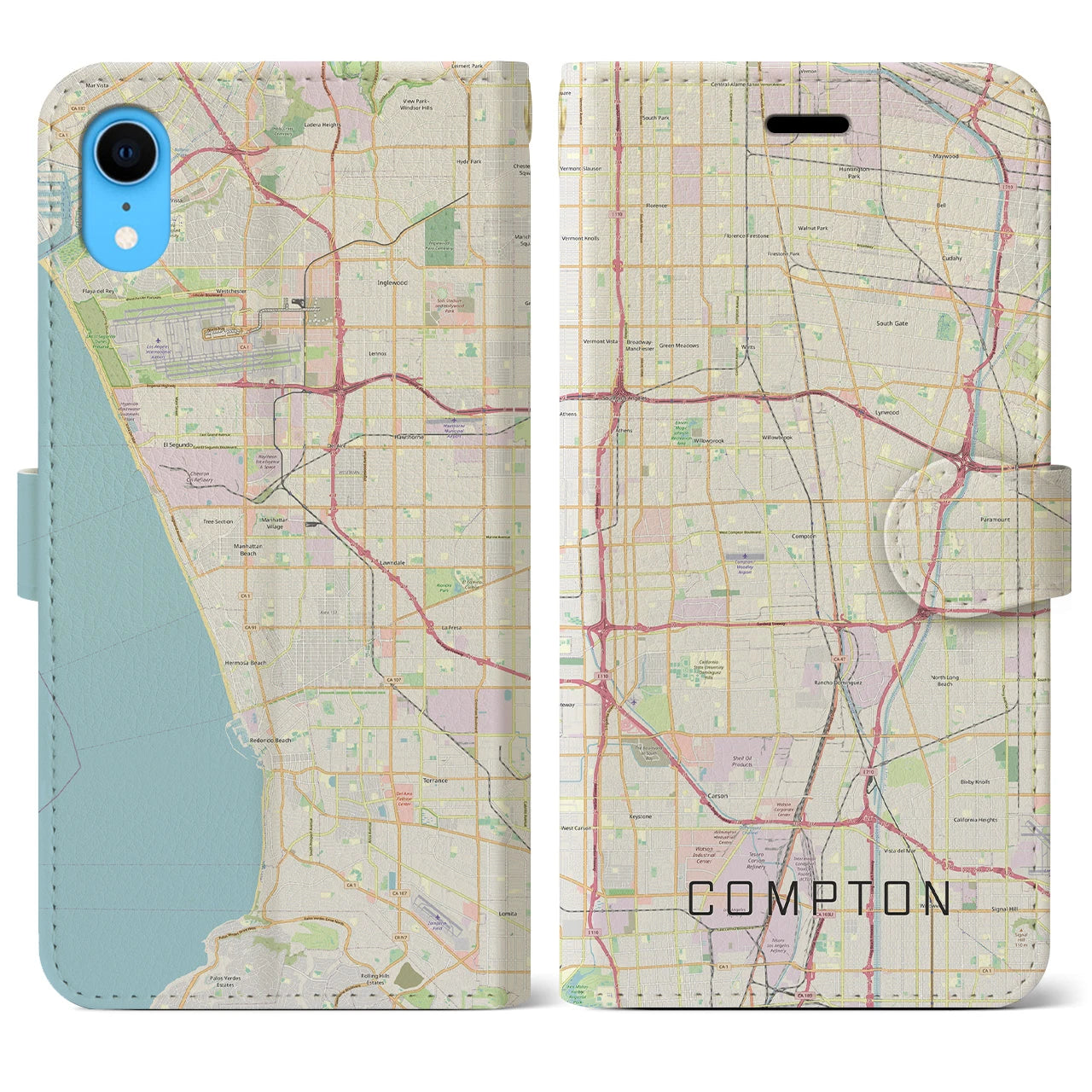 【コンプトン】地図柄iPhoneケース（手帳両面タイプ・ナチュラル）iPhone XR 用