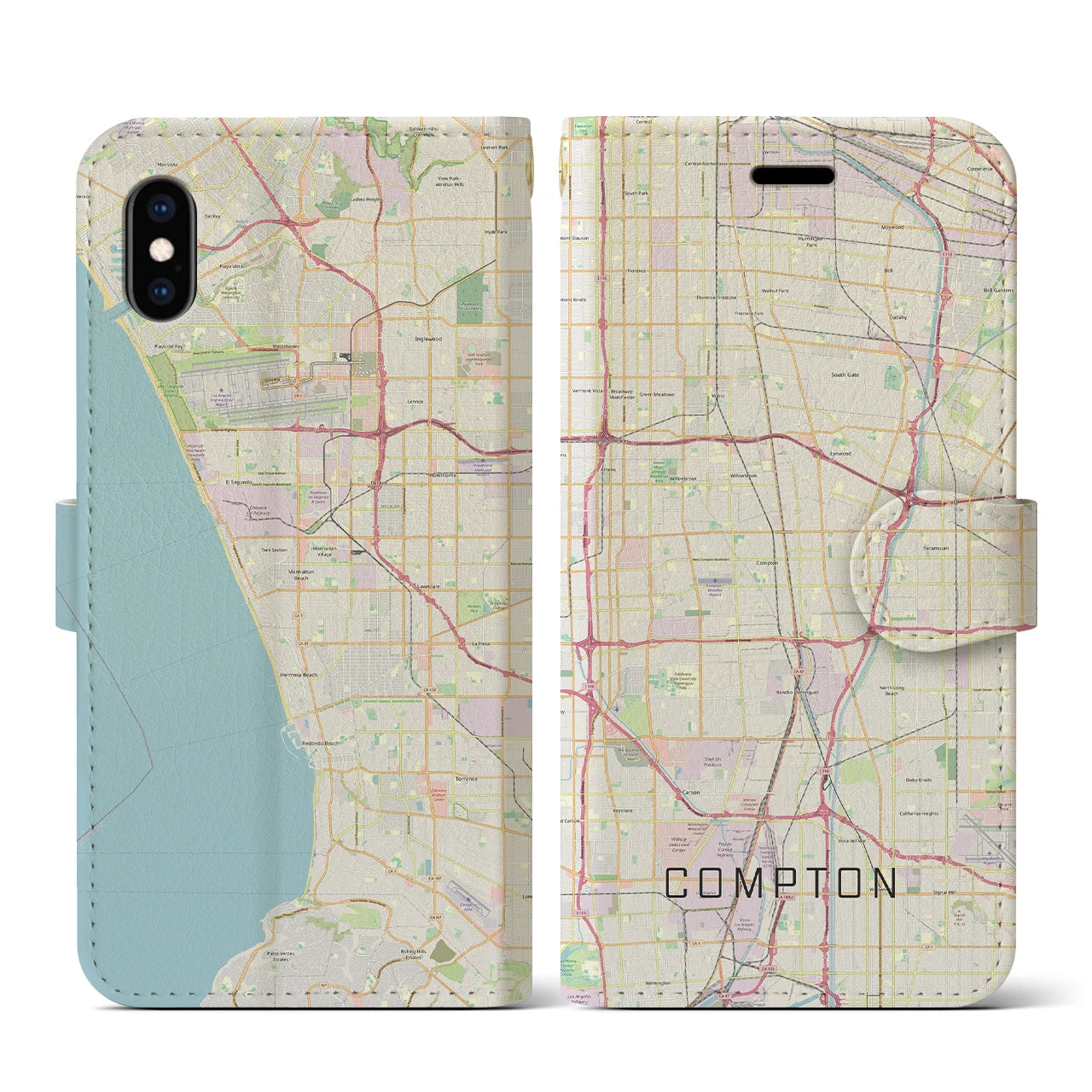 【コンプトン】地図柄iPhoneケース（手帳両面タイプ・ナチュラル）iPhone XS / X 用