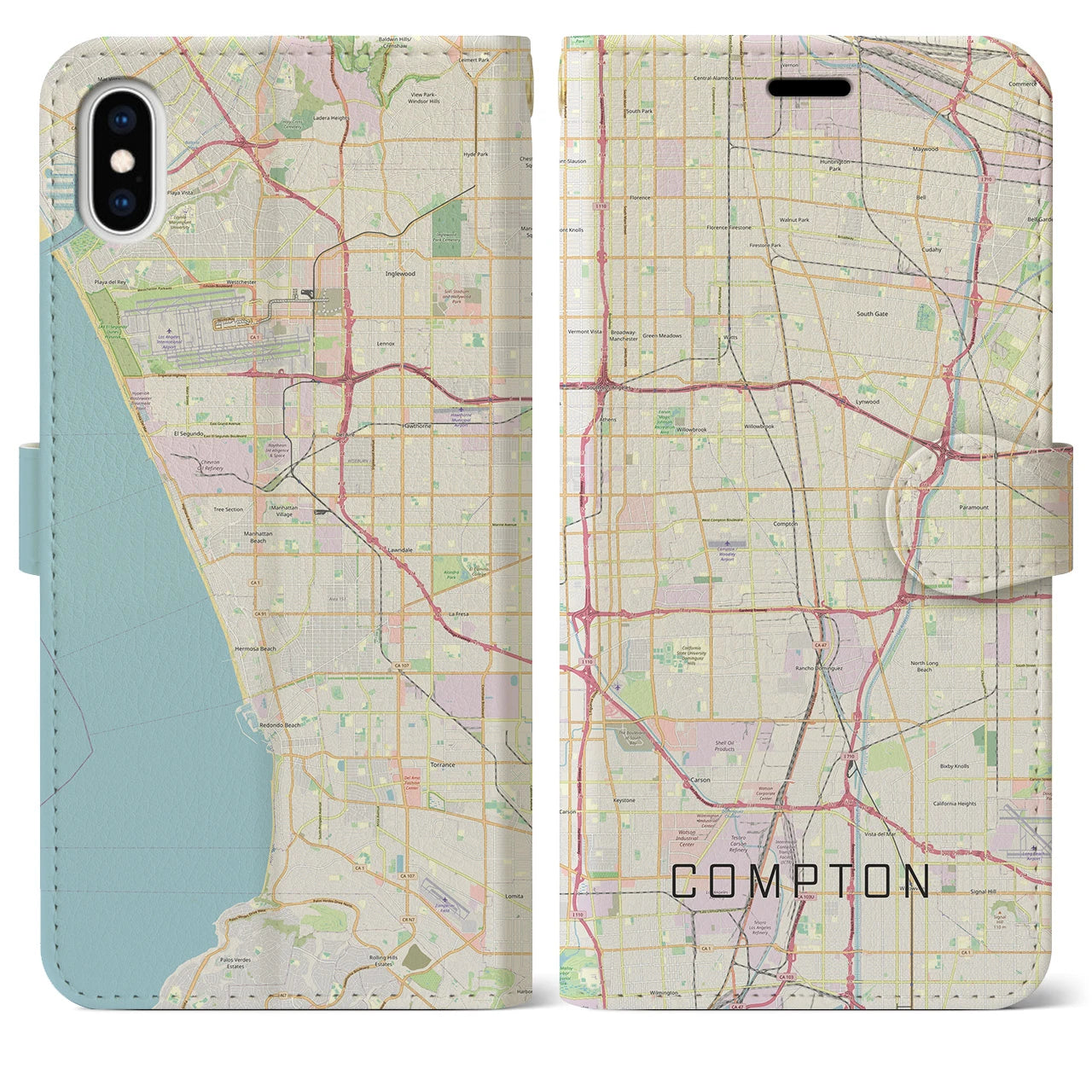 【コンプトン】地図柄iPhoneケース（手帳両面タイプ・ナチュラル）iPhone XS Max 用