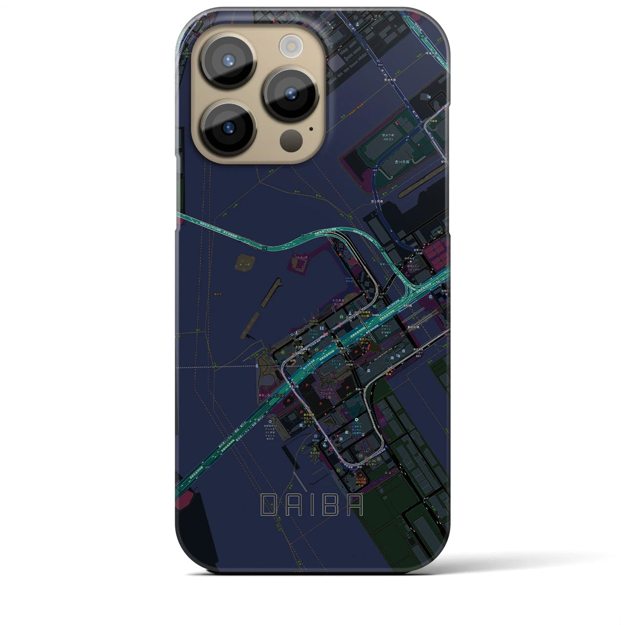 【台場】地図柄iPhoneケース（バックカバータイプ・ブラック）iPhone 14 Pro Max 用