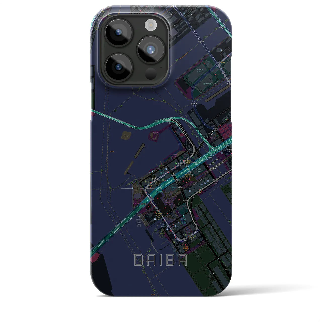 【台場】地図柄iPhoneケース（バックカバータイプ・ブラック）iPhone 15 Pro Max 用