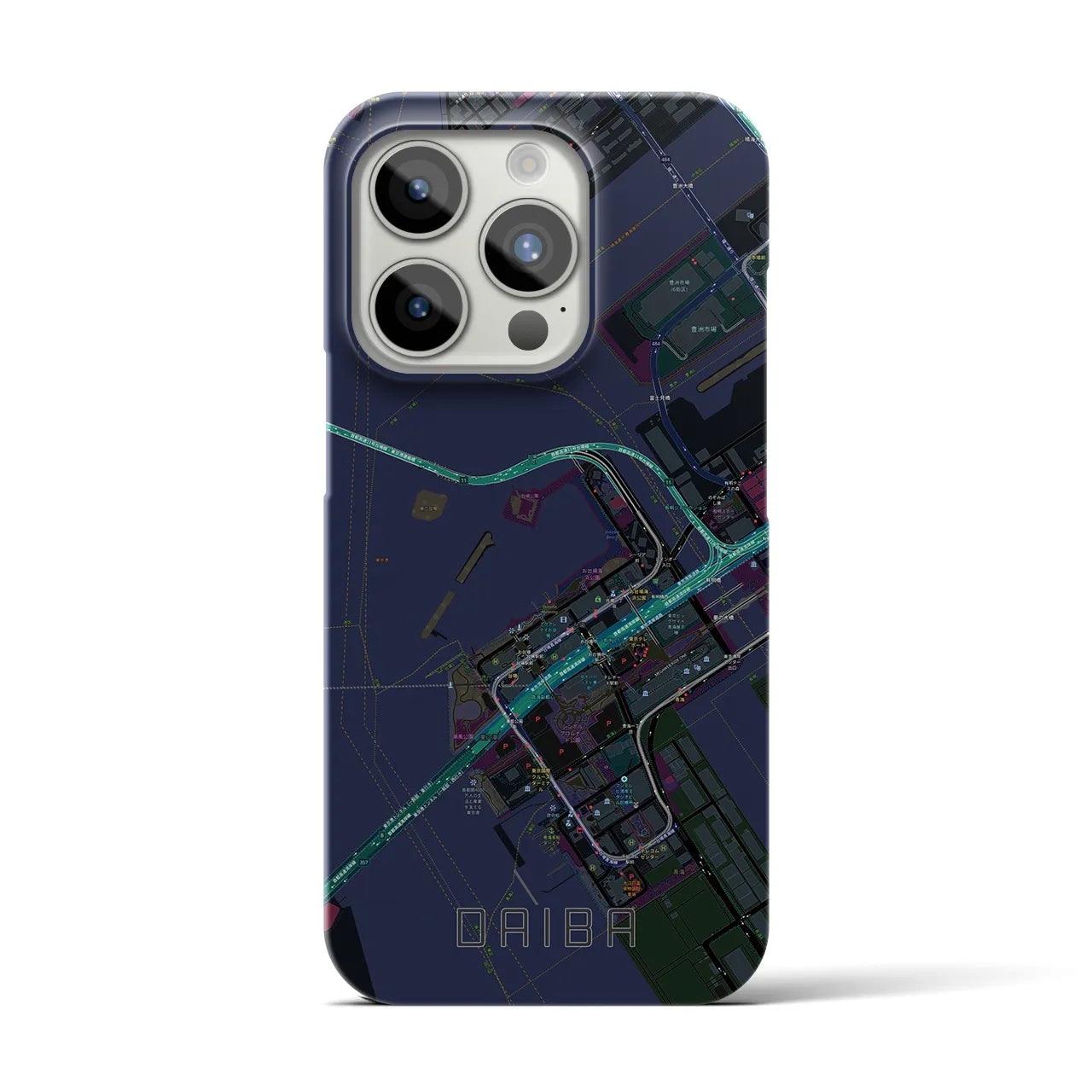【台場】地図柄iPhoneケース（バックカバータイプ・ブラック）iPhone 15 Pro 用