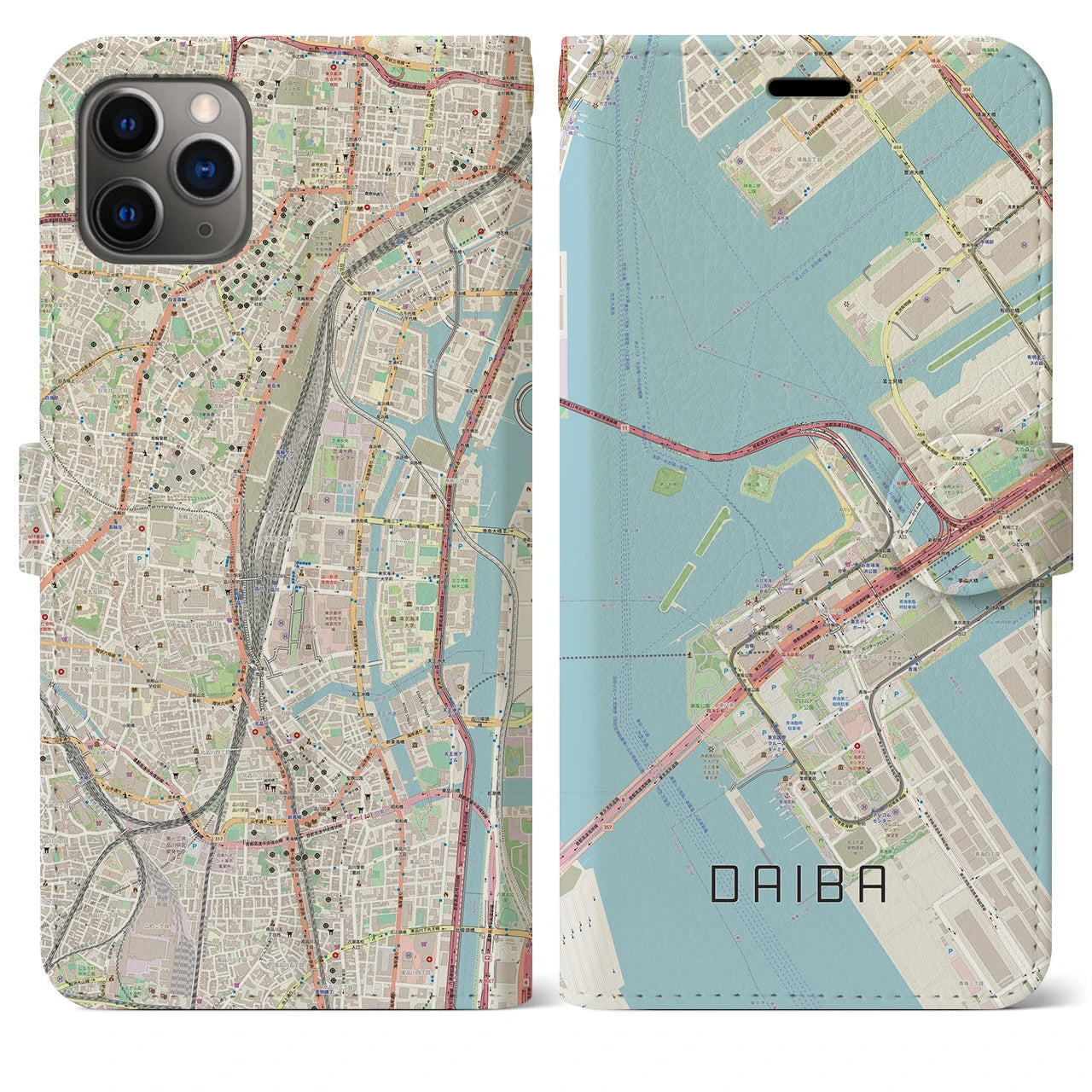 【台場】地図柄iPhoneケース（手帳両面タイプ・ナチュラル）iPhone 11 Pro Max 用