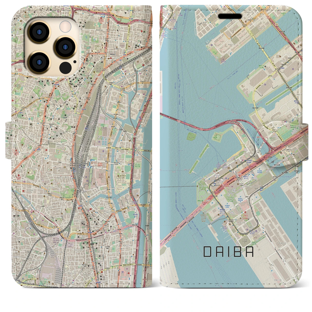 【台場】地図柄iPhoneケース（手帳両面タイプ・ナチュラル）iPhone 12 Pro Max 用