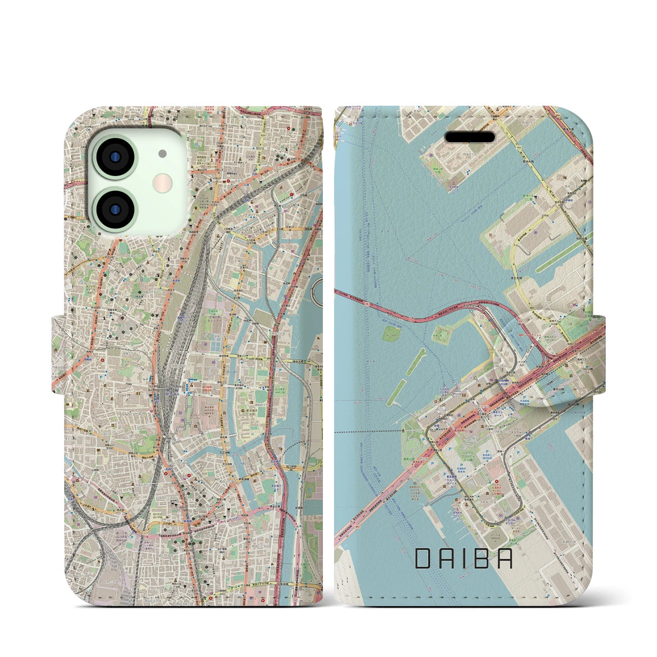 【台場】地図柄iPhoneケース（手帳両面タイプ・ナチュラル）iPhone 12 mini 用