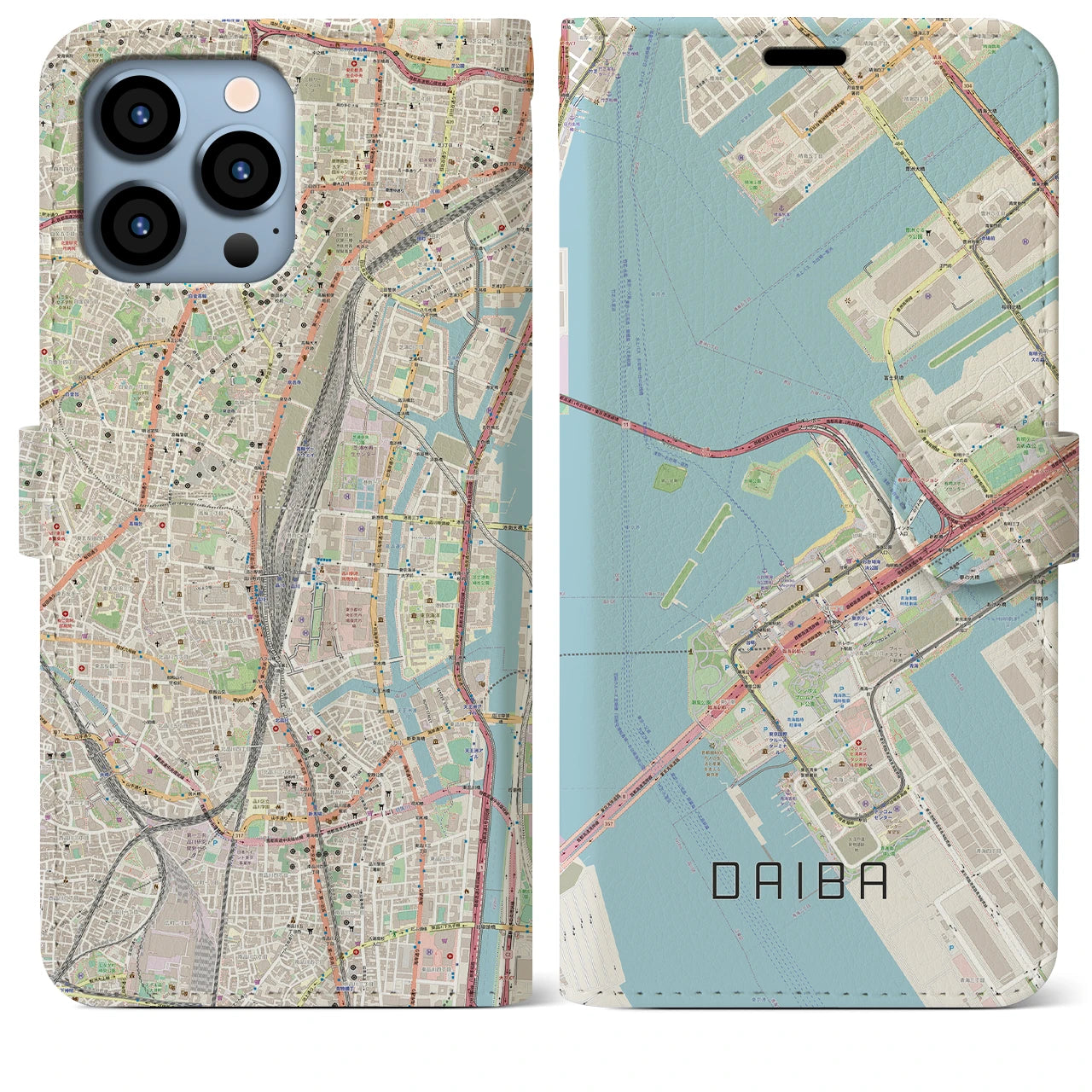 【台場】地図柄iPhoneケース（手帳両面タイプ・ナチュラル）iPhone 13 Pro Max 用