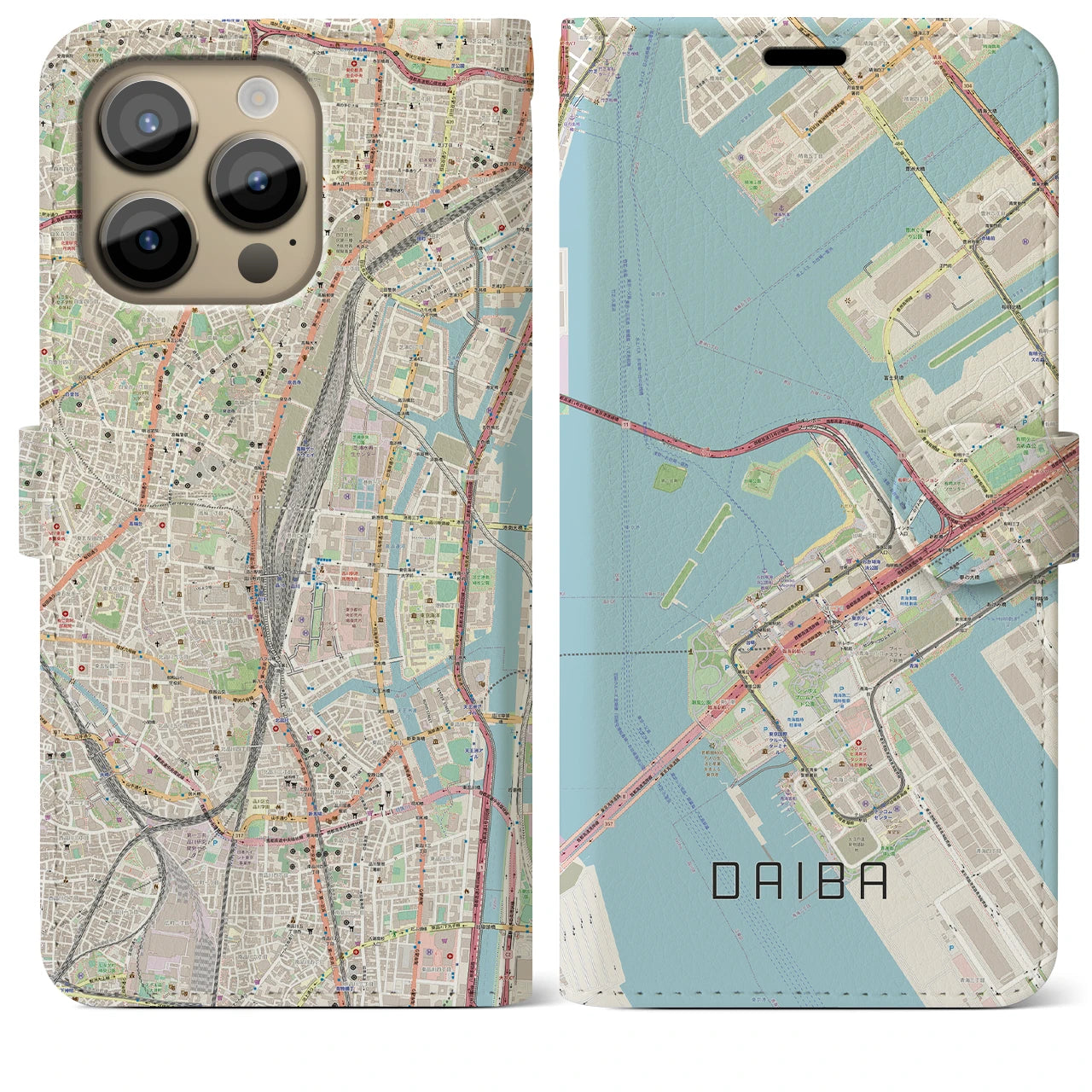 【台場】地図柄iPhoneケース（手帳両面タイプ・ナチュラル）iPhone 14 Pro Max 用