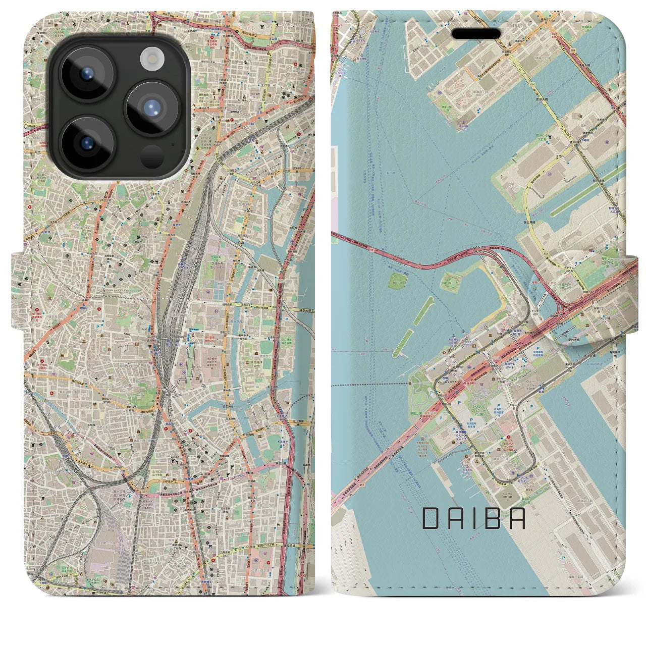 【台場】地図柄iPhoneケース（手帳両面タイプ・ナチュラル）iPhone 15 Pro Max 用