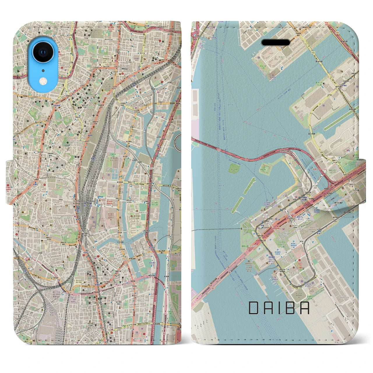 【台場】地図柄iPhoneケース（手帳両面タイプ・ナチュラル）iPhone XR 用