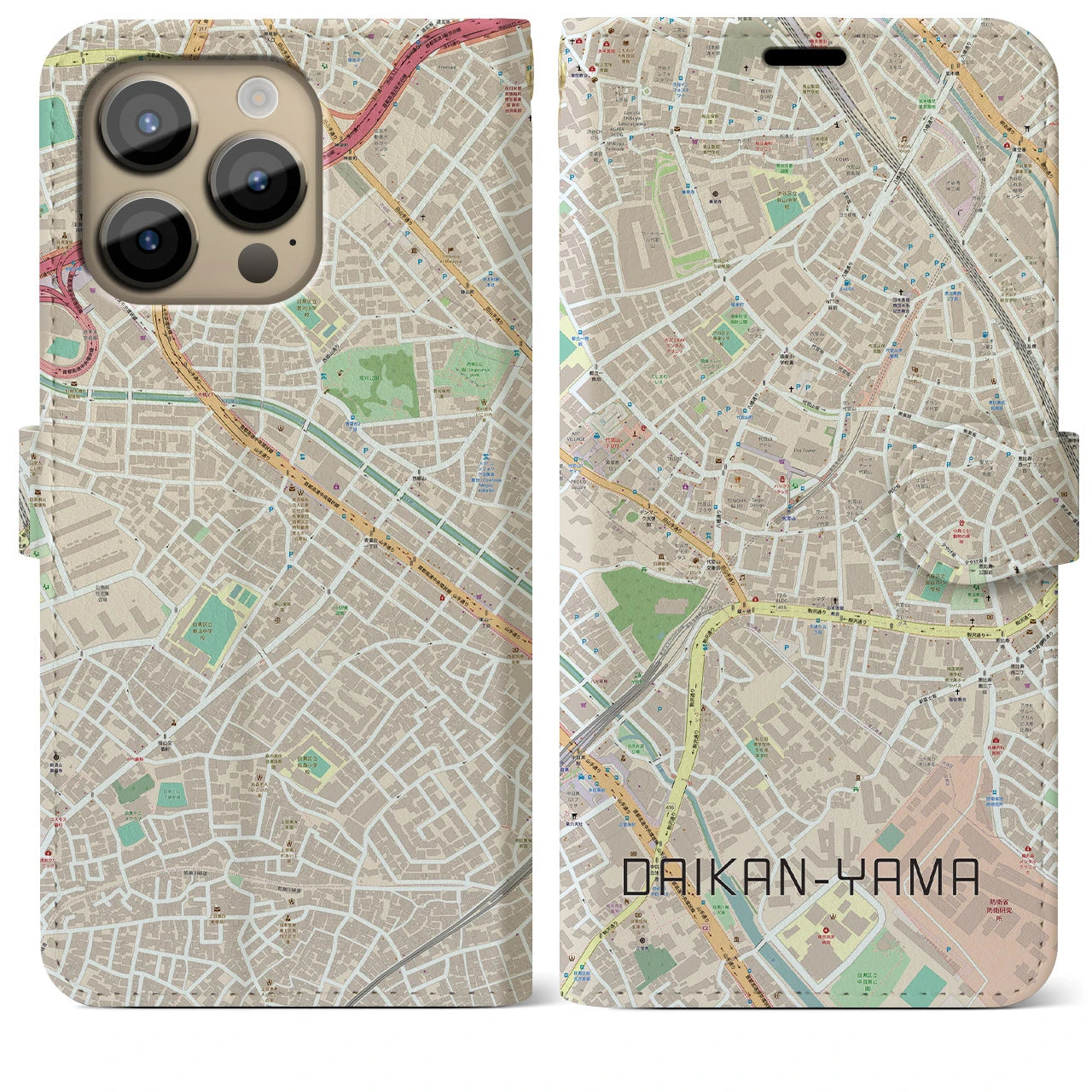【代官山】地図柄iPhoneケース（手帳両面タイプ・ナチュラル）iPhone 14 Pro Max 用