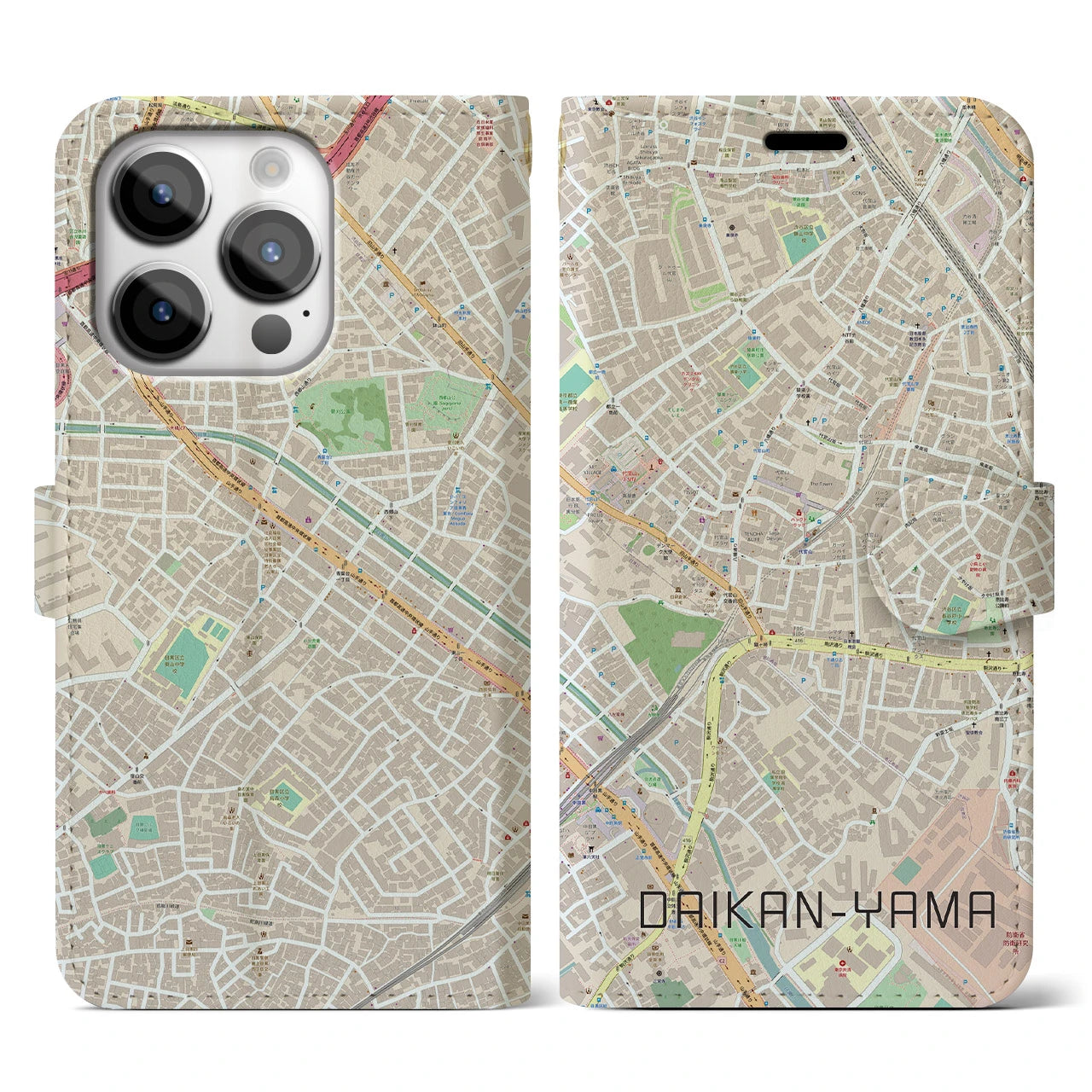 【代官山】地図柄iPhoneケース（手帳両面タイプ・ナチュラル）iPhone 14 Pro 用