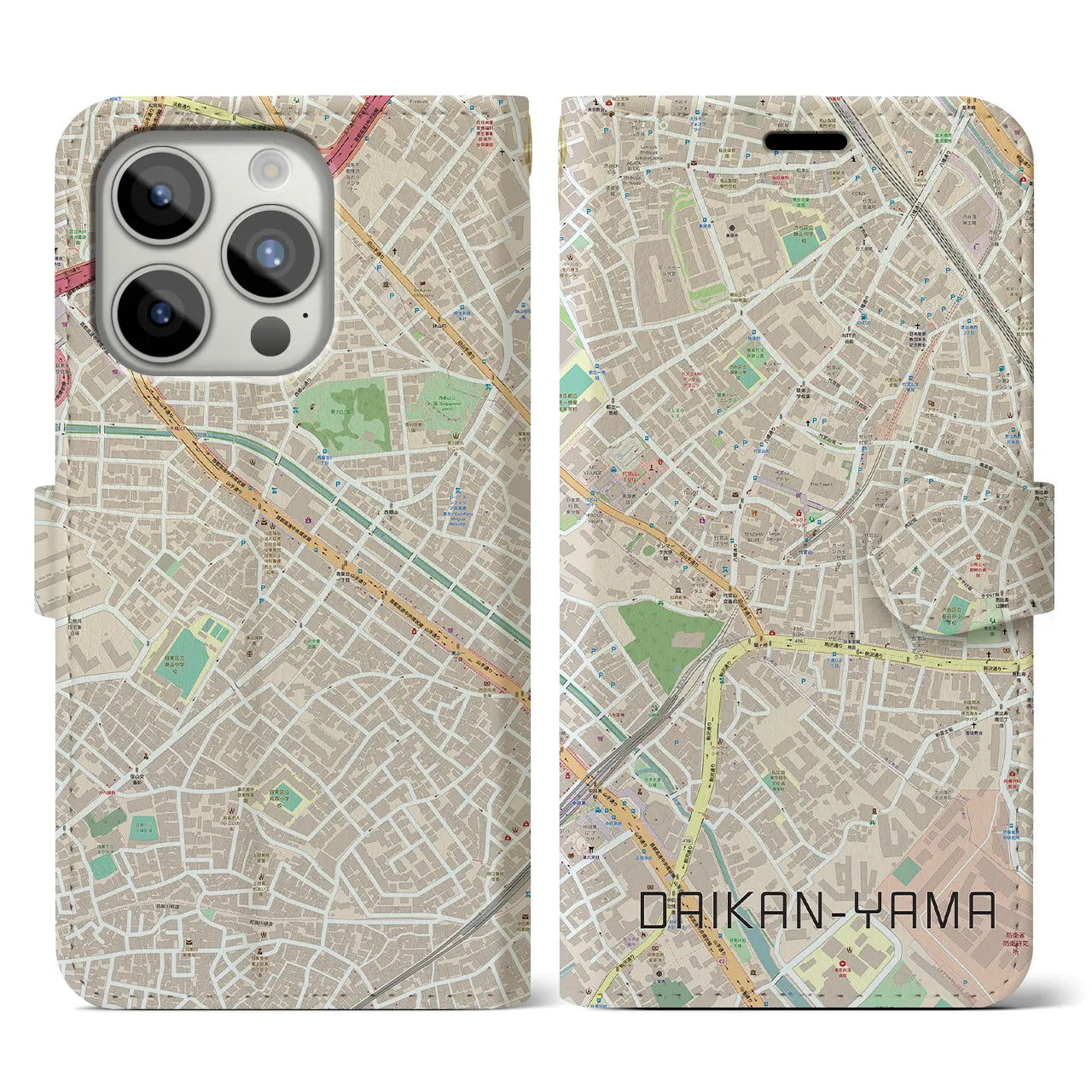 【代官山】地図柄iPhoneケース（手帳両面タイプ・ナチュラル）iPhone 15 Pro 用