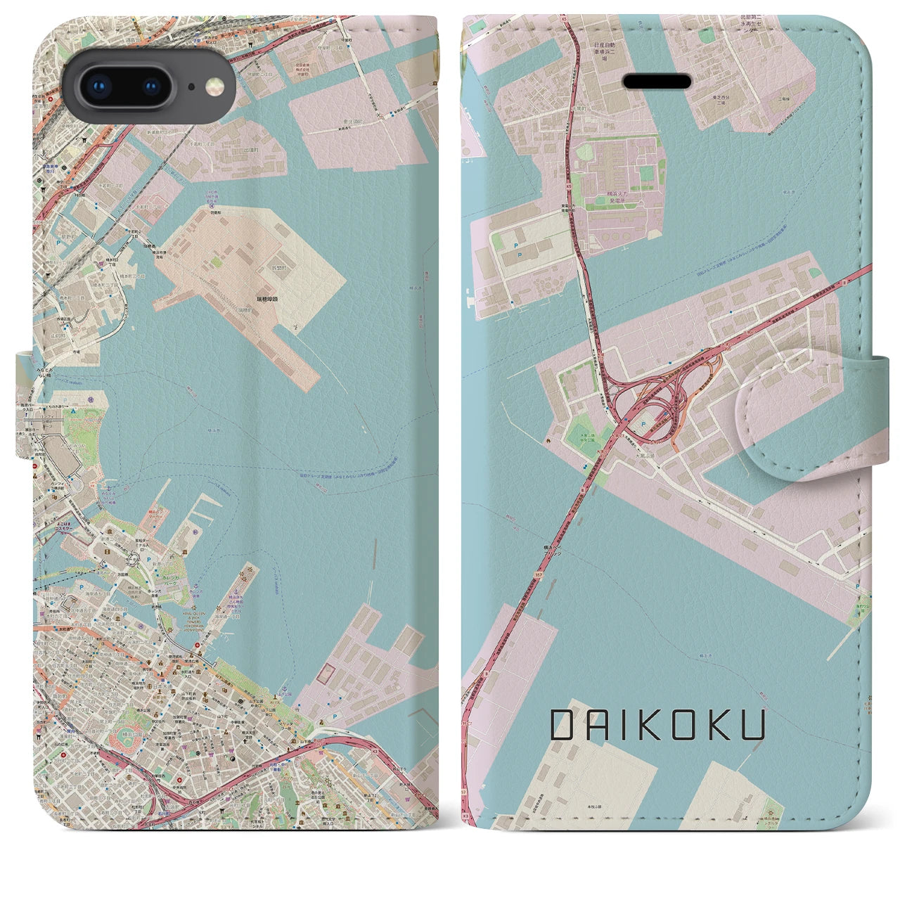 【大黒（神奈川県）】地図柄iPhoneケース（手帳タイプ）ナチュラル・iPhone 8Plus /7Plus / 6sPlus / 6Plus 用