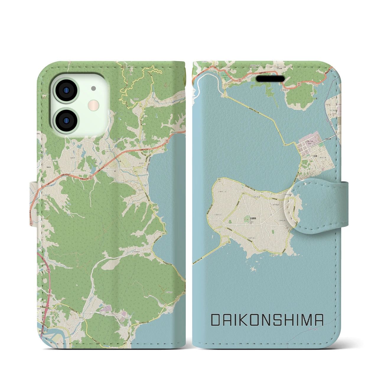 【大根島】地図柄iPhoneケース（手帳両面タイプ・ナチュラル）iPhone 12 mini 用