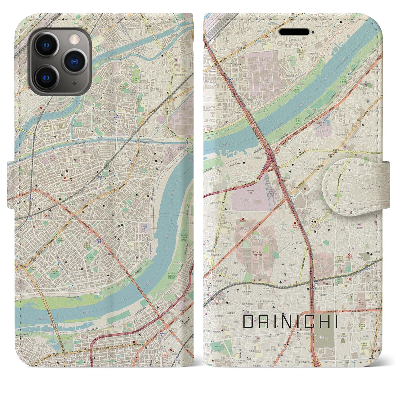 【大日】地図柄iPhoneケース（手帳両面タイプ・ナチュラル）iPhone 11 Pro Max 用