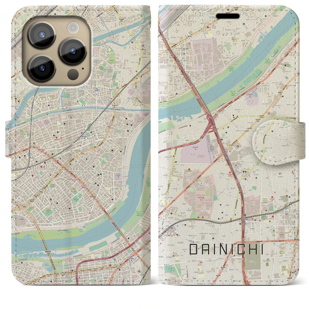 【大日】地図柄iPhoneケース（手帳両面タイプ・ナチュラル）iPhone 14 Pro Max 用