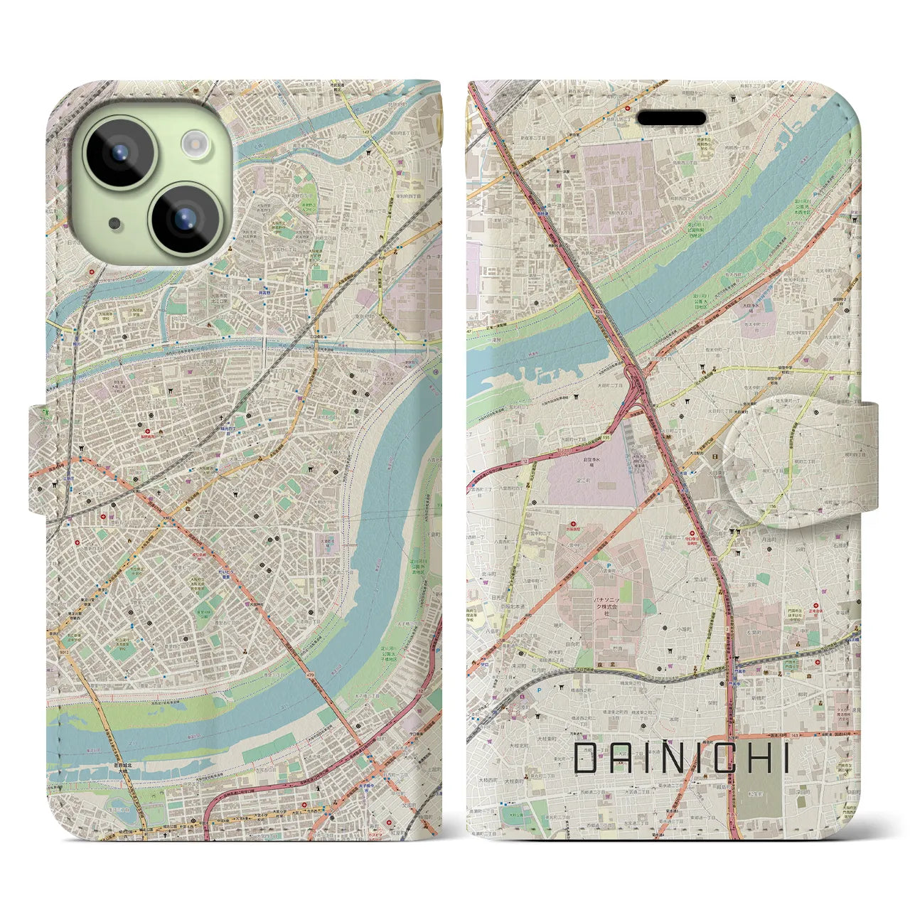【大日】地図柄iPhoneケース（手帳両面タイプ・ナチュラル）iPhone 15 用