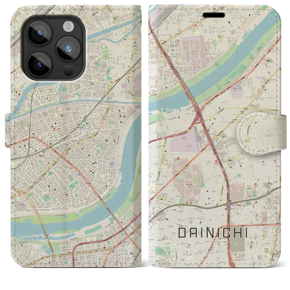 【大日】地図柄iPhoneケース（手帳両面タイプ・ナチュラル）iPhone 15 Pro Max 用