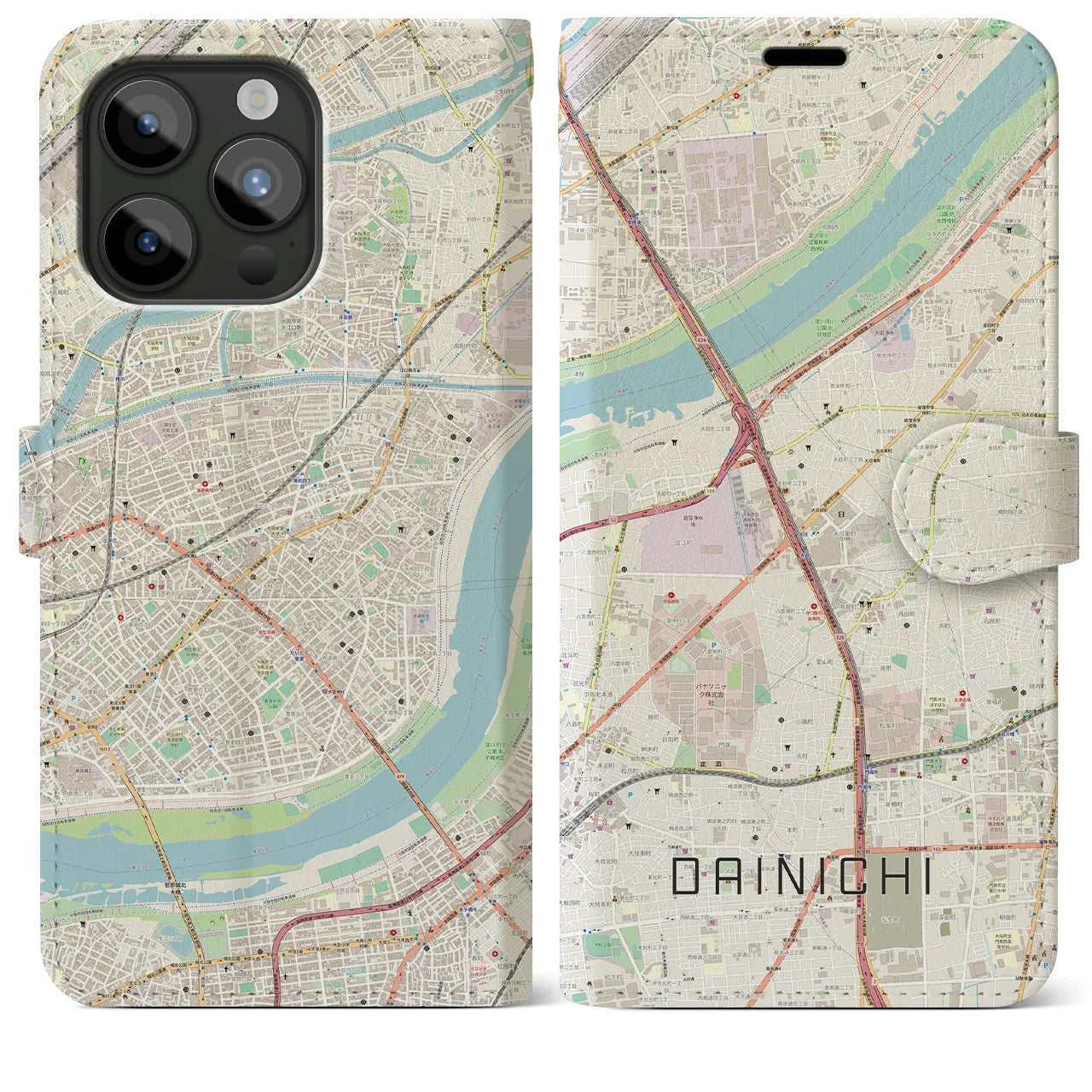 【大日】地図柄iPhoneケース（手帳両面タイプ・ナチュラル）iPhone 15 Pro Max 用