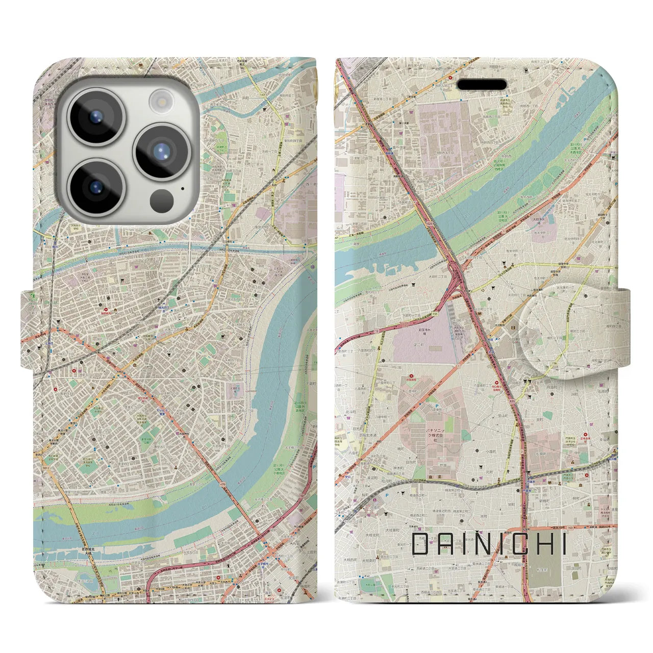 【大日】地図柄iPhoneケース（手帳両面タイプ・ナチュラル）iPhone 15 Pro 用