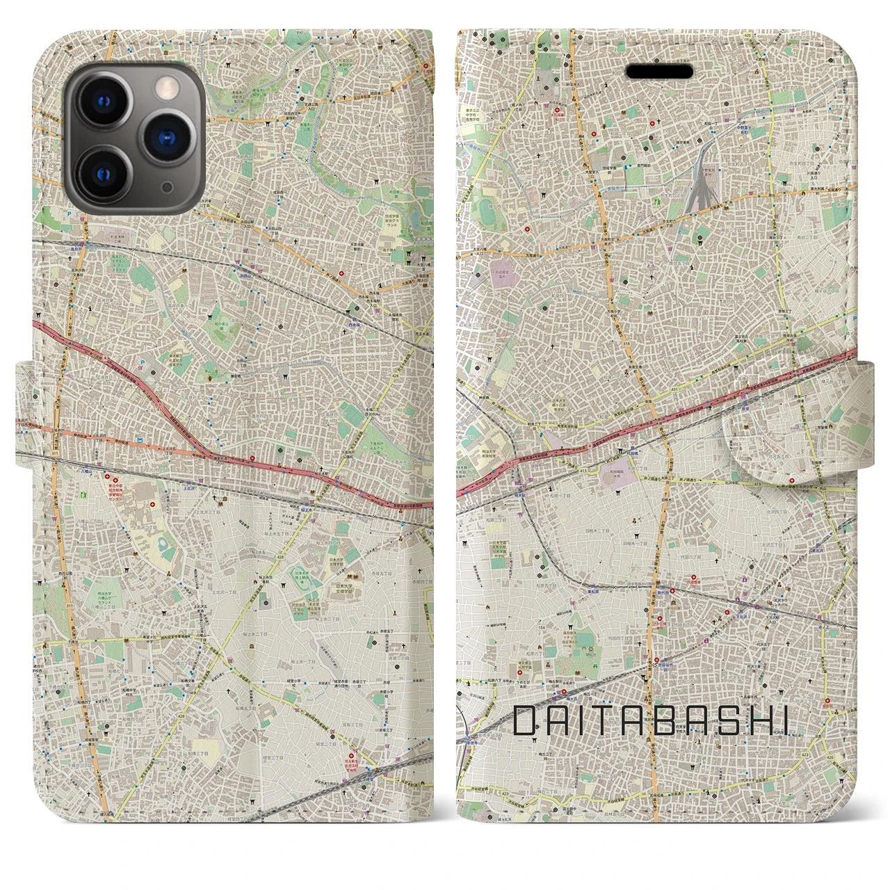 【代田橋】地図柄iPhoneケース（手帳両面タイプ・ナチュラル）iPhone 11 Pro Max 用