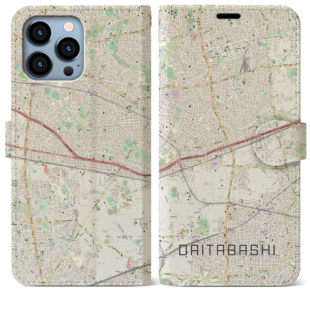 【代田橋】地図柄iPhoneケース（手帳両面タイプ・ナチュラル）iPhone 13 Pro Max 用