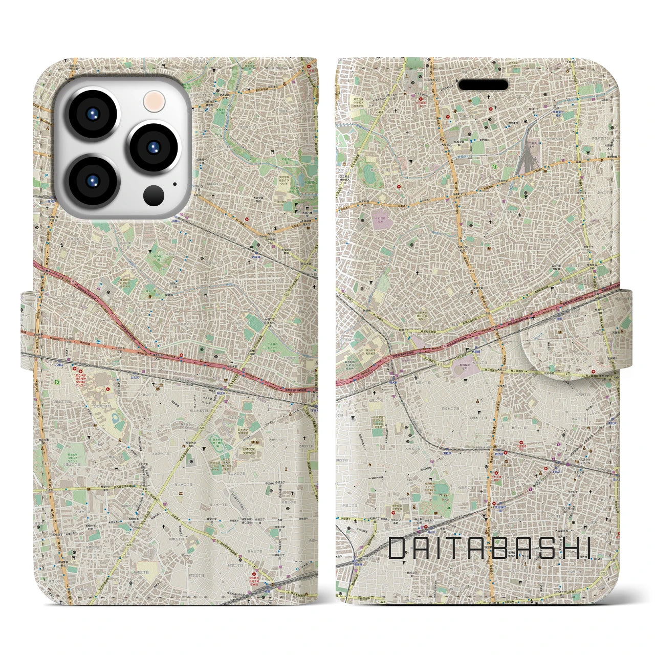 【代田橋】地図柄iPhoneケース（手帳両面タイプ・ナチュラル）iPhone 13 Pro 用