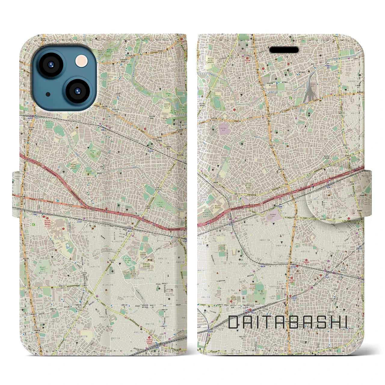 【代田橋】地図柄iPhoneケース（手帳両面タイプ・ナチュラル）iPhone 13 用