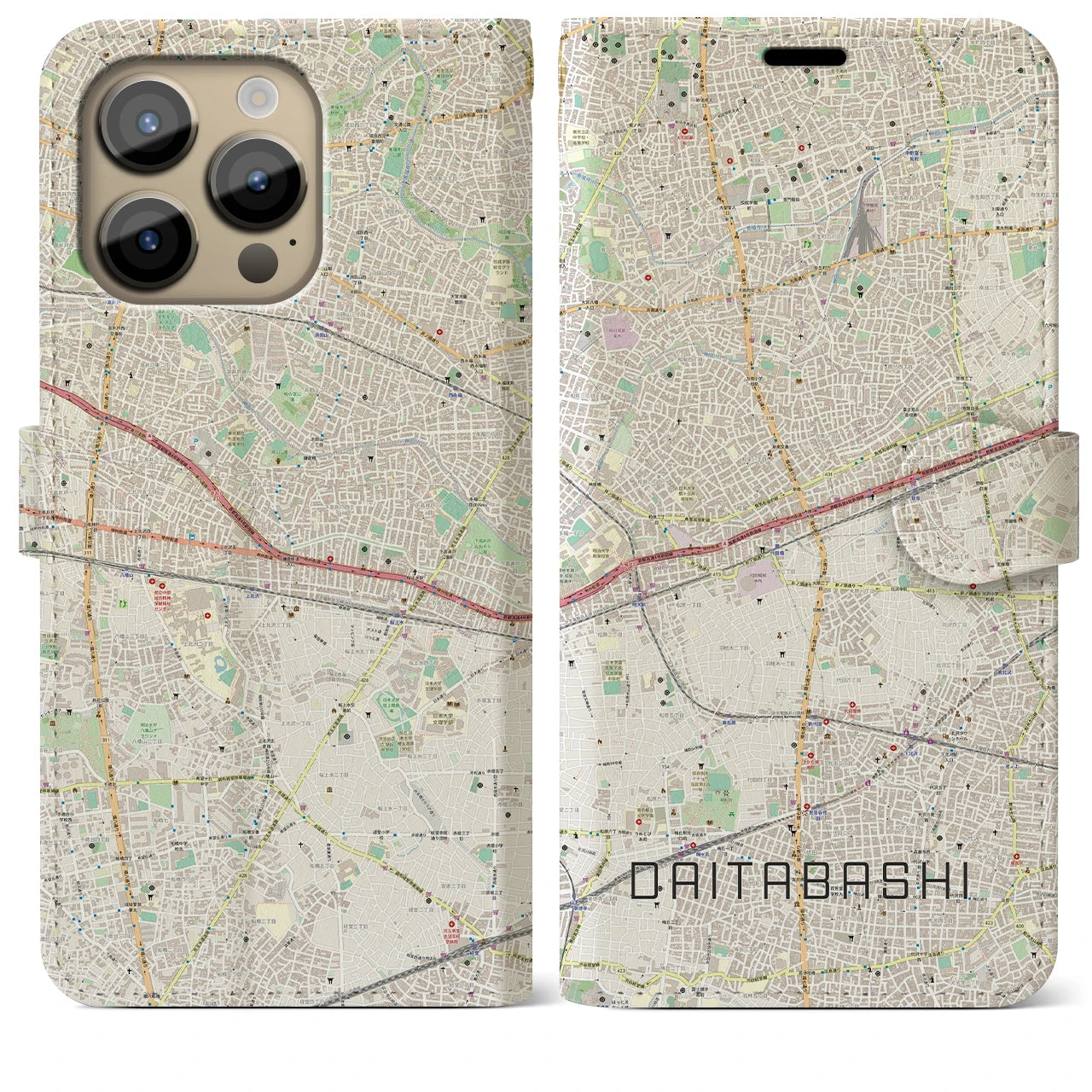 【代田橋】地図柄iPhoneケース（手帳両面タイプ・ナチュラル）iPhone 14 Pro Max 用