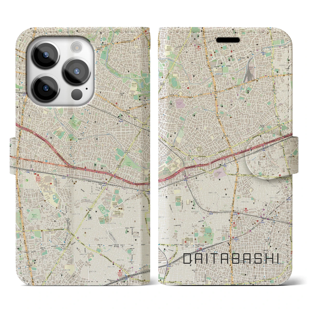 【代田橋】地図柄iPhoneケース（手帳両面タイプ・ナチュラル）iPhone 14 Pro 用