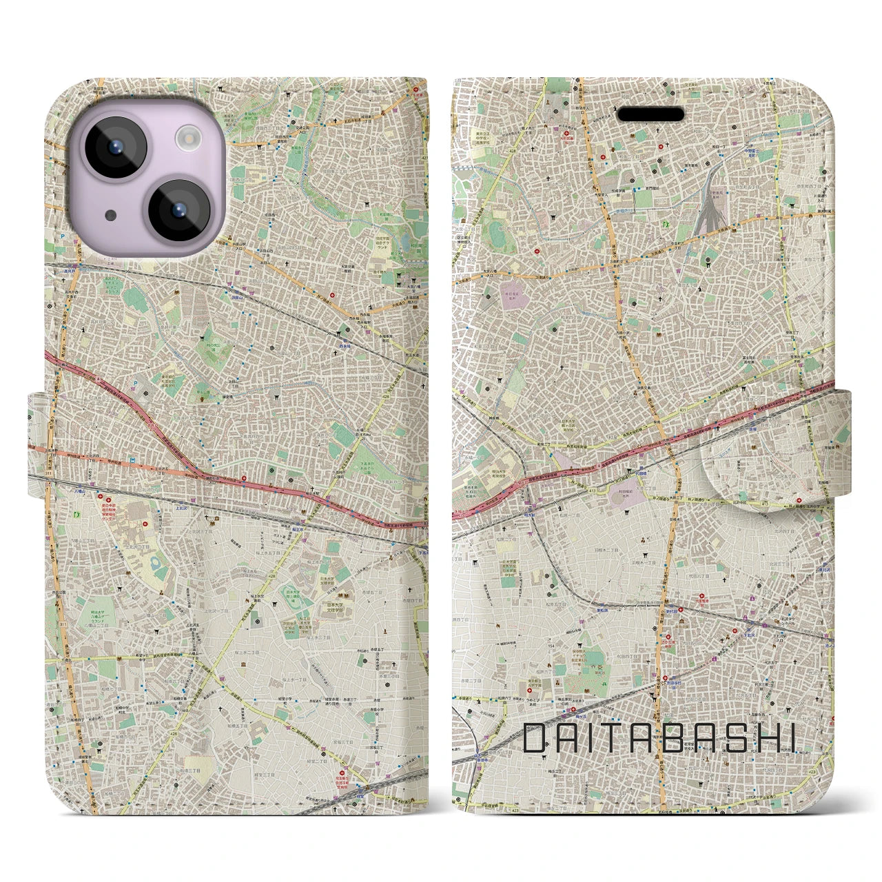 【代田橋】地図柄iPhoneケース（手帳両面タイプ・ナチュラル）iPhone 14 用