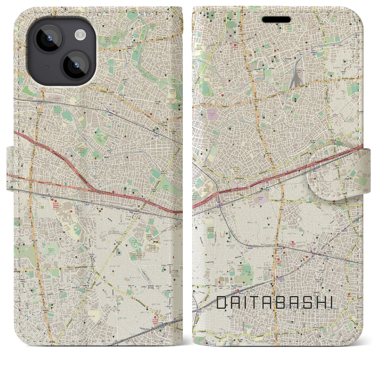 【代田橋】地図柄iPhoneケース（手帳両面タイプ・ナチュラル）iPhone 14 Plus 用
